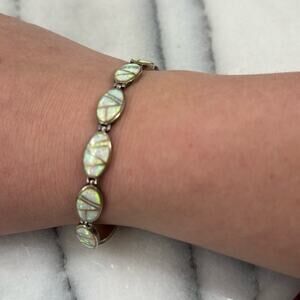 Sterling silver opal inlay oval link bracelet